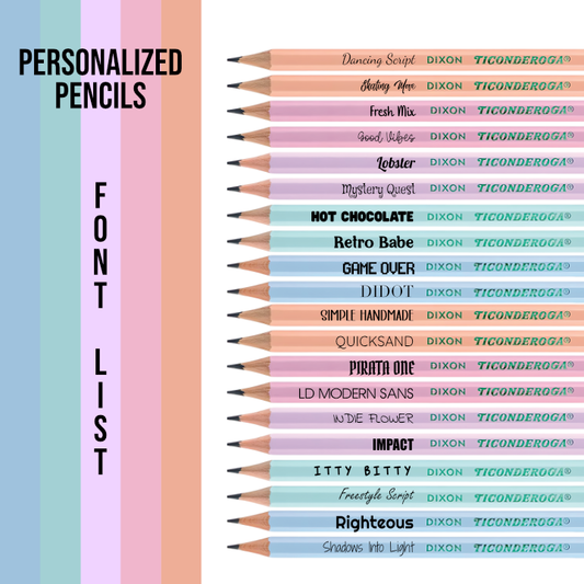 Row of personalized pencils with various fonts on a colorful background